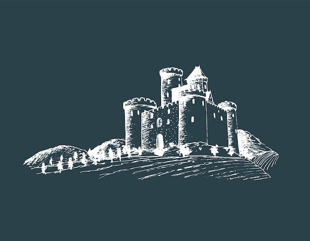 Векторная иллюстрация старого замка готическая крепость фон ручной рисунок пейзажа с древней башней среди сельских полей и холмов
