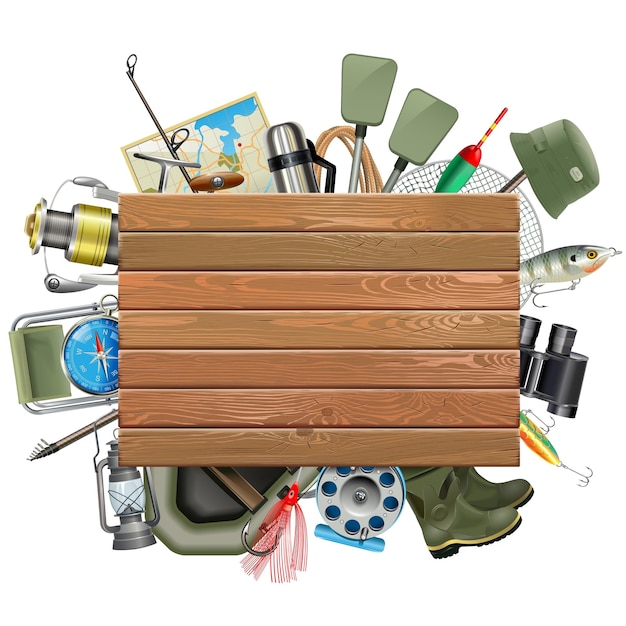 Vector Old Wooden Board with Fishing Tackle