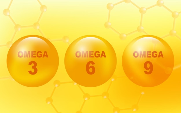 Векторные омега-кислоты три шесть и девять таблеток рыбьего жира acid epa dha 3 6 9 витамин на желтом фоне