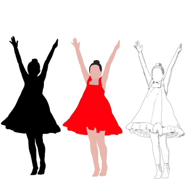 赤いドレスを着た女の子の白い背景の黒いシルエットのベクトル