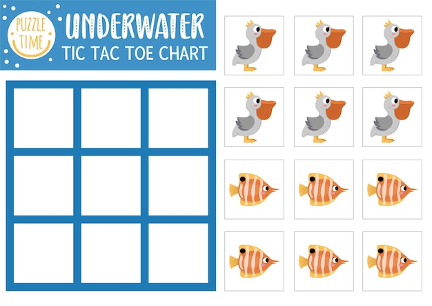 Vector vector onder de zee tic tac toe grafiek met pelikaan en vlindervis oceaan leven bordspel speelveld met schattige personages grappig maritiem drukbaar werkblad noughts en kruisen raster xa