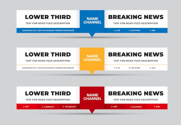 Vector onderste derde rechthoekige witte dashboard voor tekst met rood blauw geel vierkant in het midden voor kanaalnaam Nieuws lijnsjabloon voor tv video media Illustratie voor bedrijfsconcept