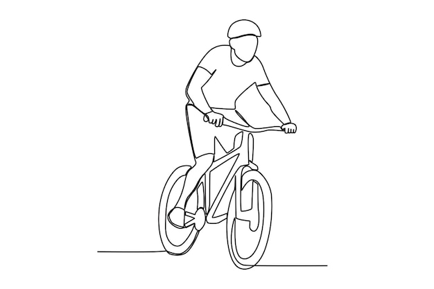 運動健康的な通勤のために自転車に乗る若者のベクトル 1 つの連続した単一の線画