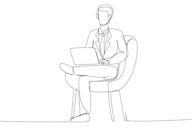 Vector one line illustration of business man with laptop sitting in armchair Cartoon young guy working in office and using social networks