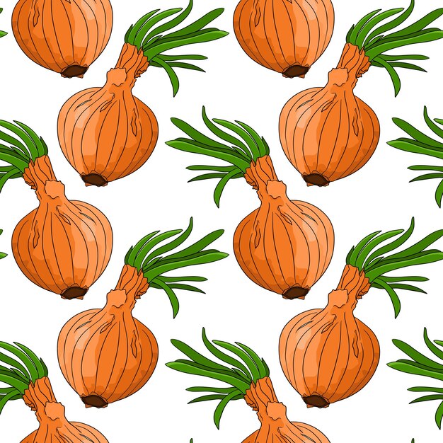 Vector onions seamless pattern on a white background. Spice. Whole vegetable.