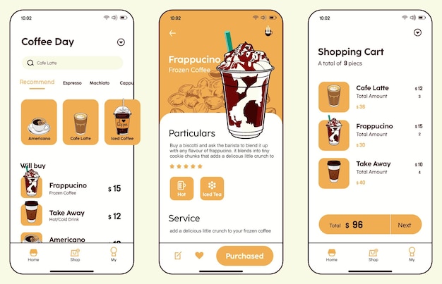 Vector vector ontwerp ui ux van koffieshop menu's sjabloon