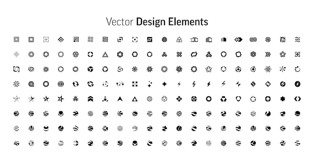 Vector ontwerpelementen set abstracte geometrische vorm silhouetten zwarte brutalisme vormen modern trendy minimalistisch basislogo figuren sterren lijnen cirkels memphis geometrische pictogrammen business logo