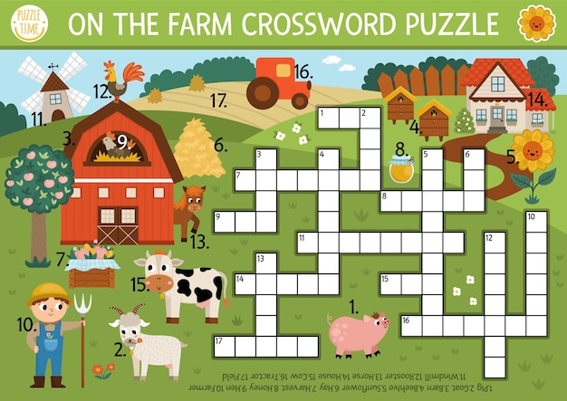 Vector vector op de boerderij kruiswoordpuzzel voor kinderen eenvoudige boerderijquiz met landelijk landschap