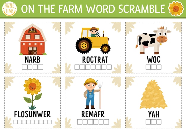 Vector op de boerderij word scramble activiteitenpagina Engels taalspel met schuurtractor boer voor kinderen Familiequiz op het platteland met zonnebloemkoe Educatief afdrukbaar werkbladxA