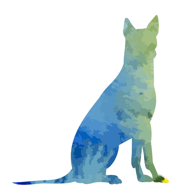 Vector vector op een witte achtergrond blauw aquarel silhouet van een hond zittend