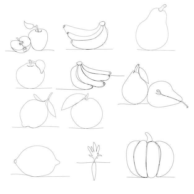 Vector op een witte achtergrond een doorlopende lijntekening van een reeks groenten en fruit
