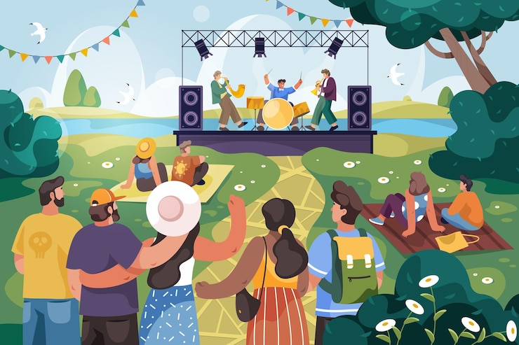 Vector vector open air live concert at music festival illustration openair sound check performance show