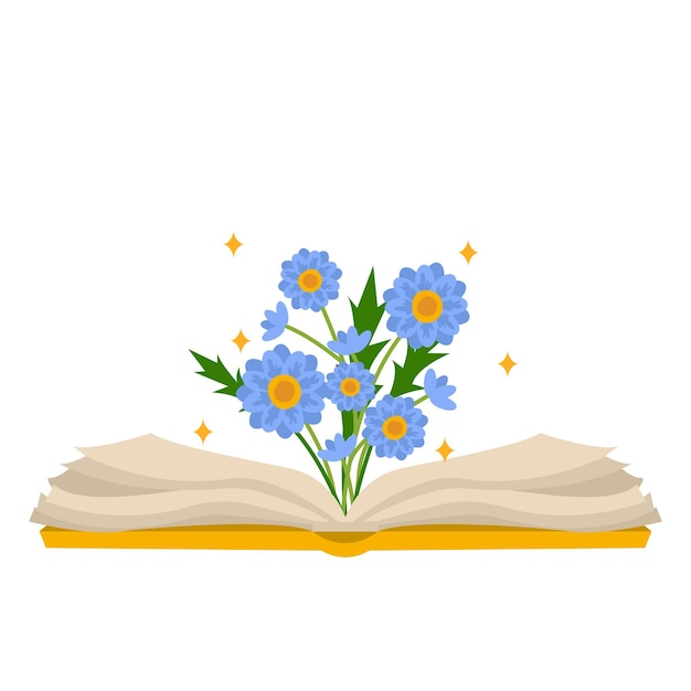 Vector open boek met een boeket van mooie bloemen en sterren.