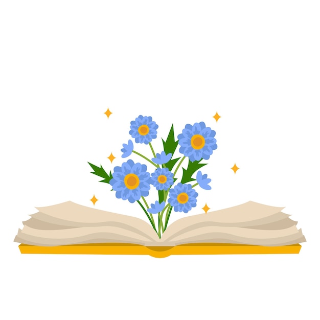 Vector open book with a bouquet of beautiful flowers and stars.