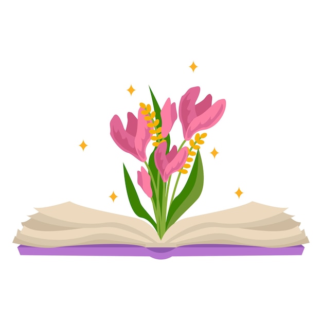 Vector open book with a bouquet of beautiful flowers and stars.