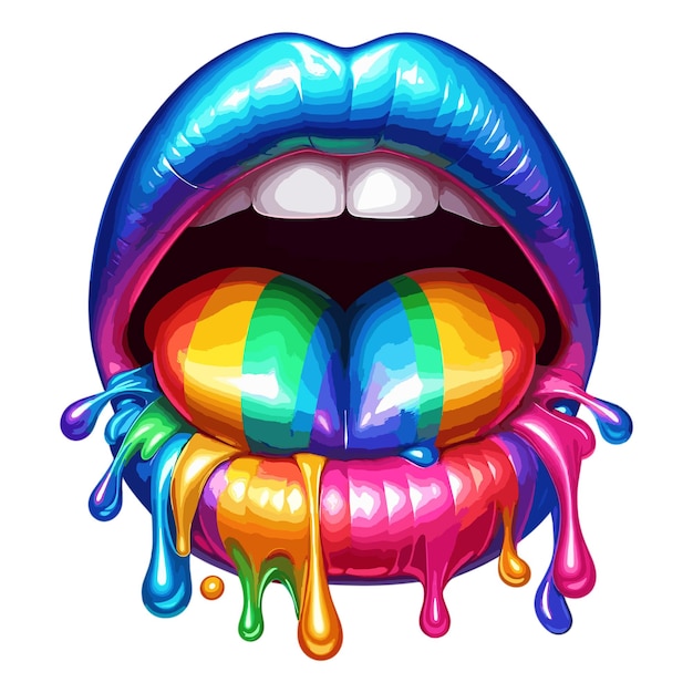 Vector vector open woman mouth with rainbow color glossy lips and liquid paint flows