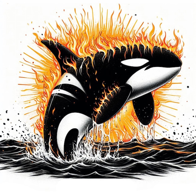 Vector an orca jumping out of the water on fire an airbrush painting