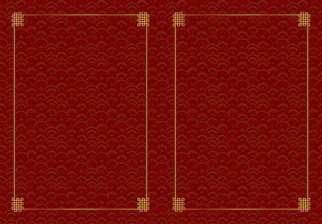 Modello di sfondo orientale vettoriale, motivo geometrico rosso e cornice dorata, pagine rosse con cornici.