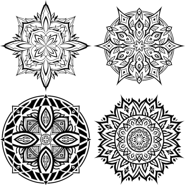 Vector ornament in black on a white background.  round Ornament Pattern. Set of circular mandala on blue background. Vector mandala. Mandala with floral patterns. Yoga template. pack mandalas