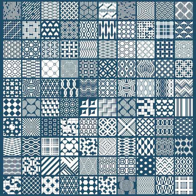 벡터 장식용 흑백 원활한 배경 세트, 100개의 기하학적 패턴 컬렉션입니다. 현대적인 심플한 스타일로 만든 화려한 질감.