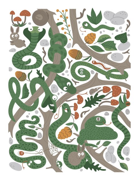 Vector vector ornate background with cute woodland animals funny forest scene with snakes