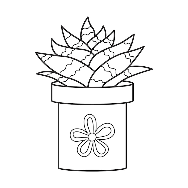 Aloe di contorno vettoriale in vaso pianta succulenta da interni con foglie carnose pianta da casa per la casa e l'interno illustrazione in bianco e nero lineare di doodle botanico isolato su priorità bassa bianca