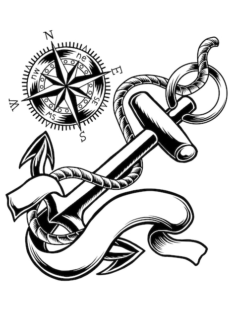 vector outline anchor and compass