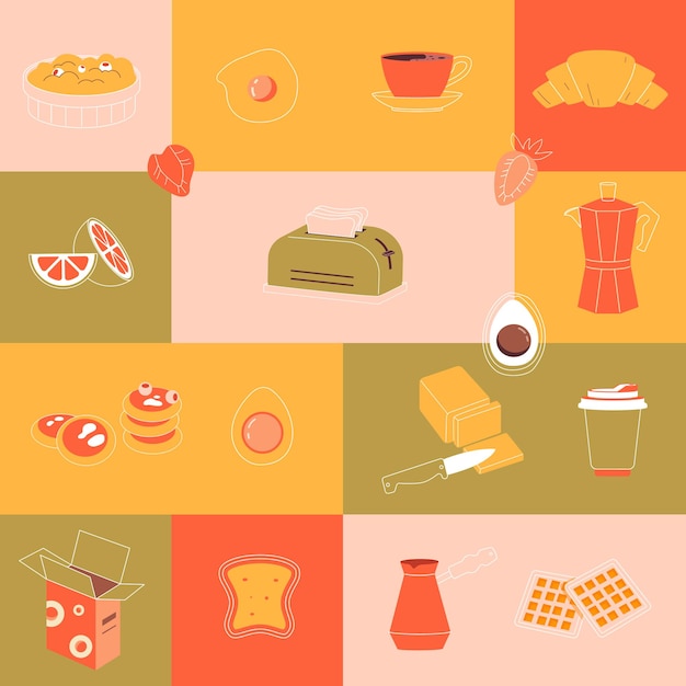 Vector outline breakfast icon seamless geometric pattern