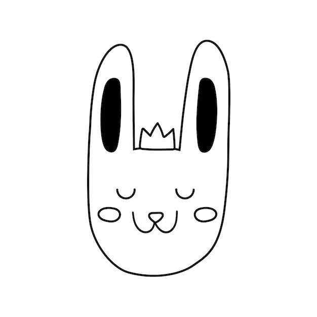 Vector outline bunny icon for children, rabbit doodle king with crown for Merry Christmas