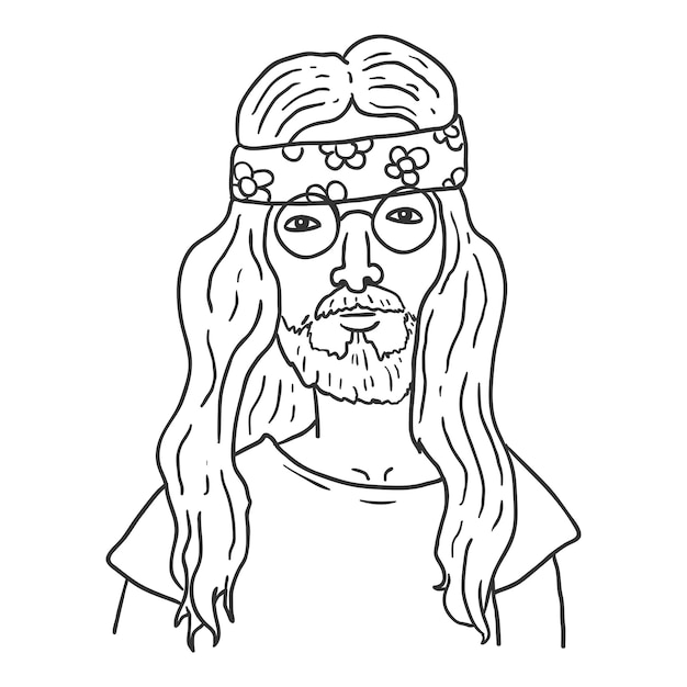 Vector Outline Character - Hippie Man. Subcultures Portrait