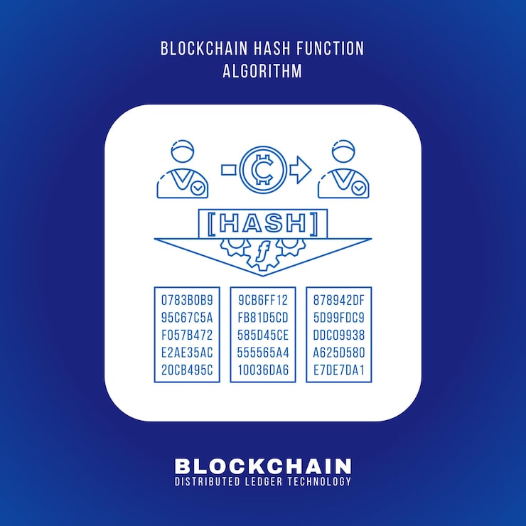 Vector vector outline design blockchain hash function algorithm principle explain scheme illustration white rounded square icon isolated blue background