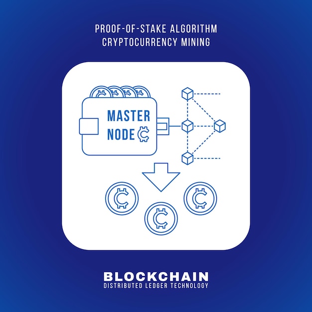 ベクトルアウトラインデザインブロックチェーンプルーフオブステークアルゴリズム暗号通貨posマイニング原則説明スキーム図白い丸みを帯びた正方形のアイコン孤立した青い背景