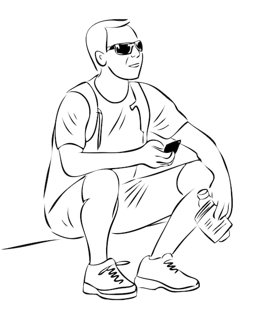 Vector outline drawing a tourist in sunglasses resting during a stroll