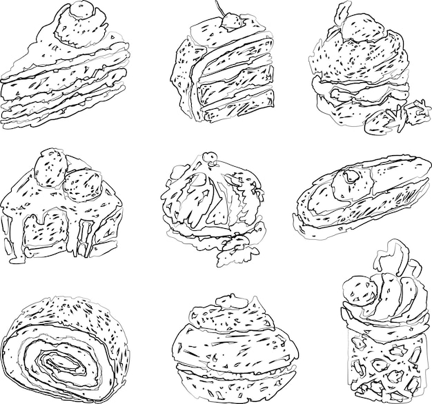 Vector vector outline drawings of various tasty brownies