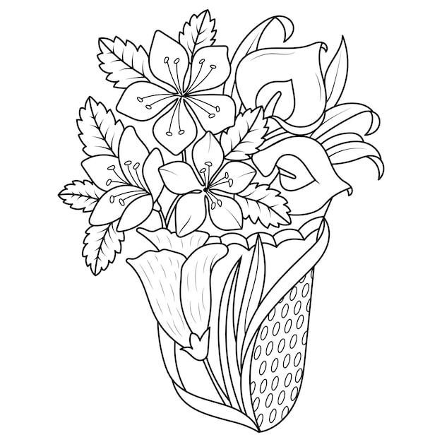Vector outline illustratie voor antistress kleurboek Een vaas met bloemenboeket