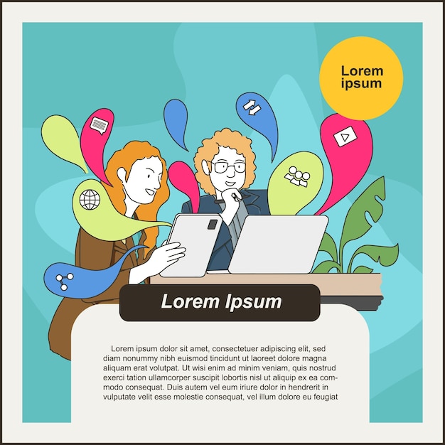 Vector outline illustration of business teamwork with modern tech template design