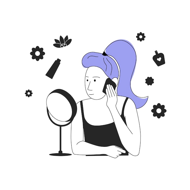 Vector outline illustration concept of woman doing daily beauty routine using skin products