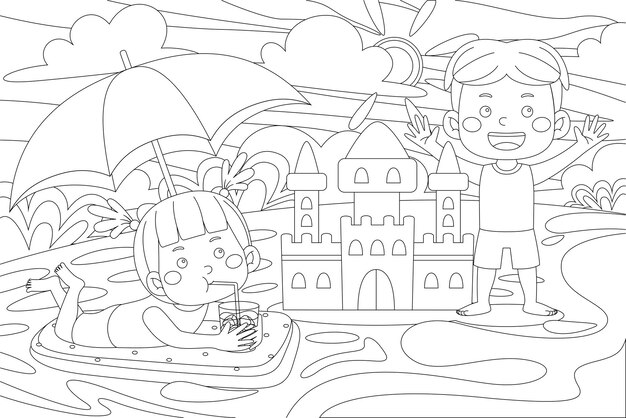 Vector outline illustration of cute kids holiday for coloring book