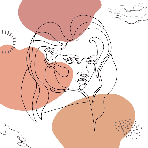 Vector outline illustration of woman on abstract background with blob shapes One line drawing