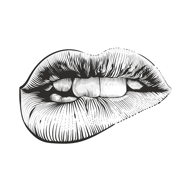 Vettore illustrazione del contorno vettoriale delle labbra sexy della donna stile vintage inciso