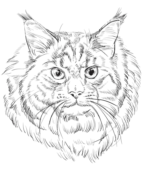 Vettore ritratto monocromatico di contorno vettoriale di gatto maine coon lanuginoso e arrabbiato in colore nero. illustrazione di disegno a mano isolato su sfondo bianco