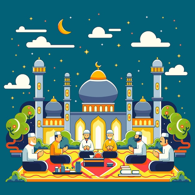 Vettore contorni vettoriali popoli musulmani che pregano alla moschea nel mese di ramadan vibrazioni