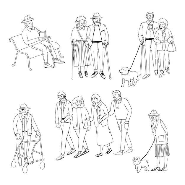 Vector outline set with illustrations of old people walking