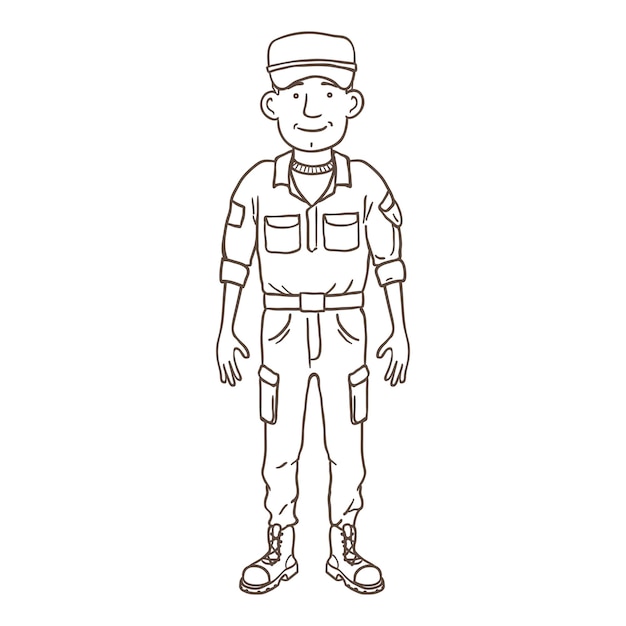 Vector Outline Young Man in Military Uniform Soldier Character