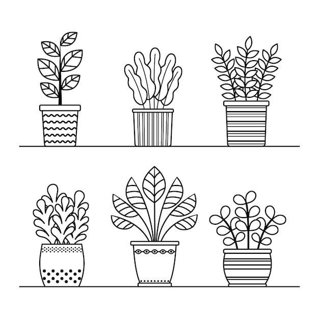 Vector vector overzicht planten in potten collectie geïsoleerde lineaire ingemaakte huis bloemen set om in te kleuren