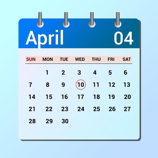 vector page of April month calendar and highlighted date April 10