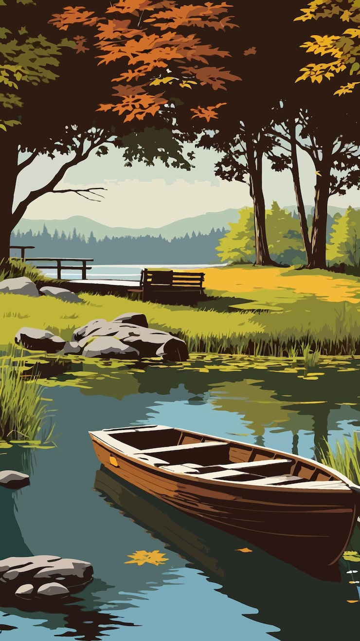 Vector vector of a painting of a boat with a bench in the background