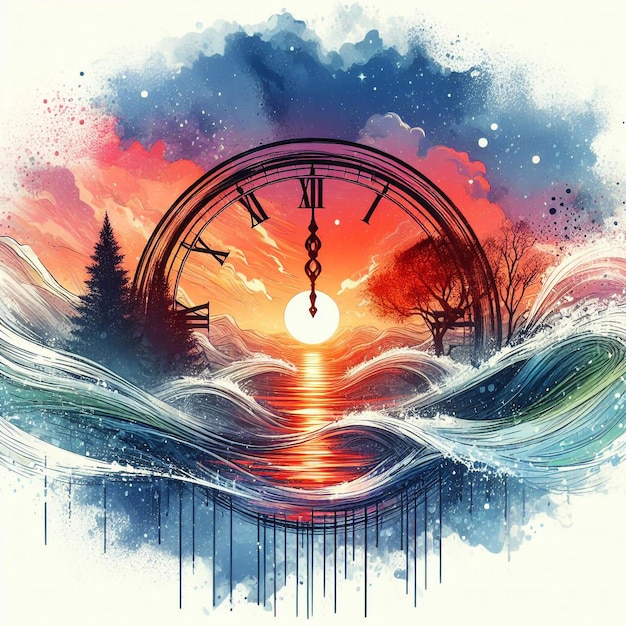 Vector a painting of a clock with a sunset in the background