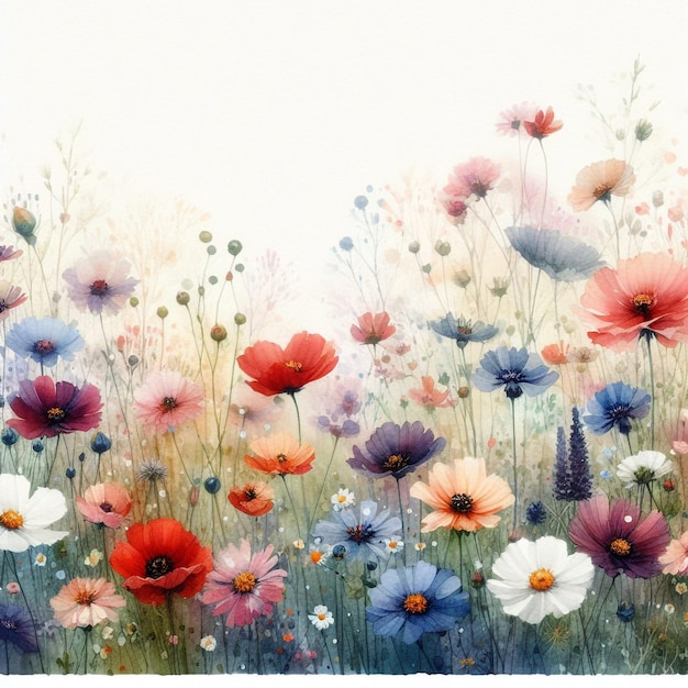 Vector painting of a field full of flowers watercolor painting
