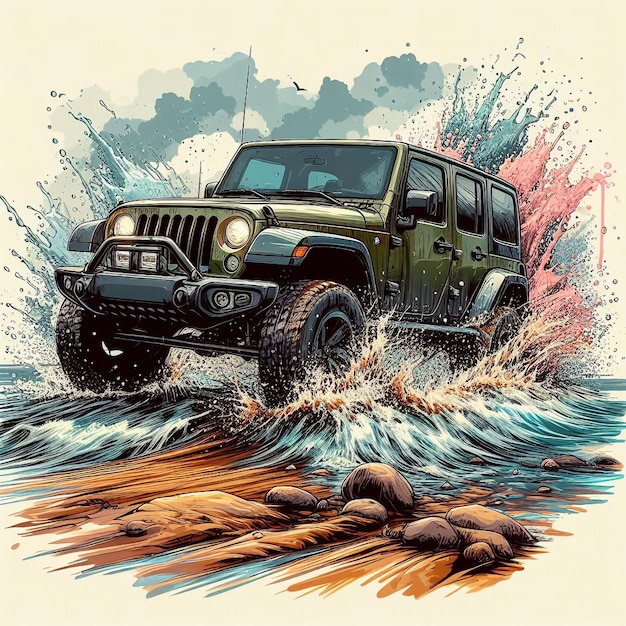 Vector a painting of a jeep driving through a body of water